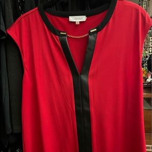 Calvin Klein Red Blouse faux leather trim
